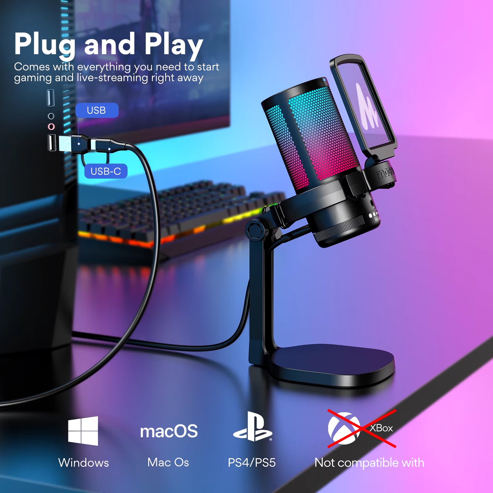 RGB Gaming Mic DGM20 – USB Condenser Microphone with Noise Filter, One-Tap Mute & Mic Gain