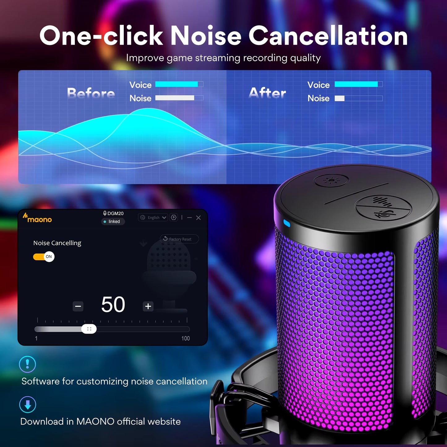RGB Gaming Mic DGM20 – USB Condenser Microphone with Noise Filter, One-Tap Mute & Mic Gain